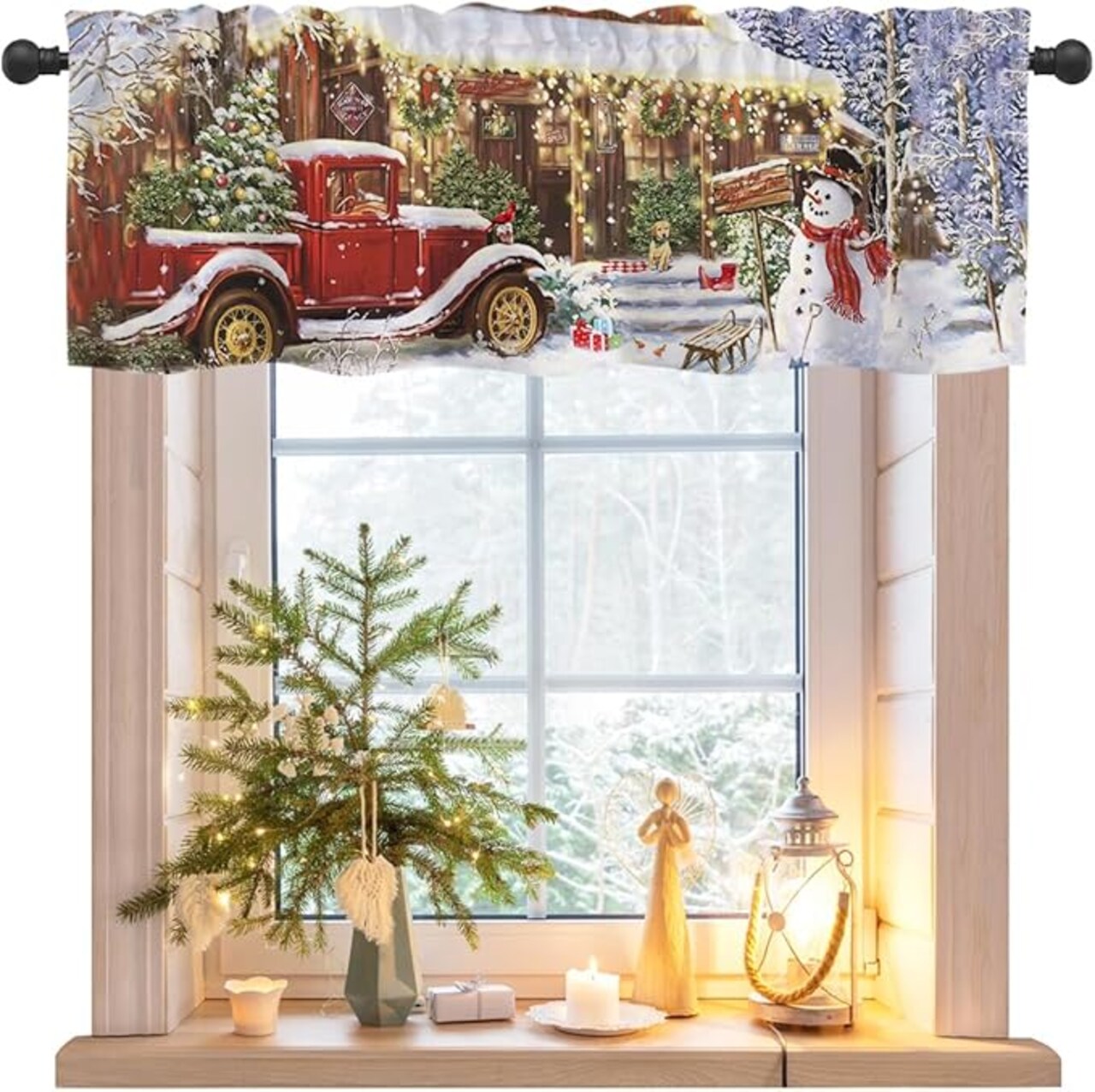 Christmas Valances for Windows, Truck Snowman Kitchen Curtain Valances, Farmhouse Window Treatments, Christmas Rod Pocket Valance for Bathroom 54'' W x 18'' L, 1 Panel